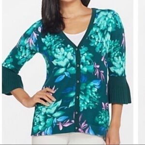 Isaac Mizrahi Live floral ruffle bell sleeve cardigan sweater fine knit S